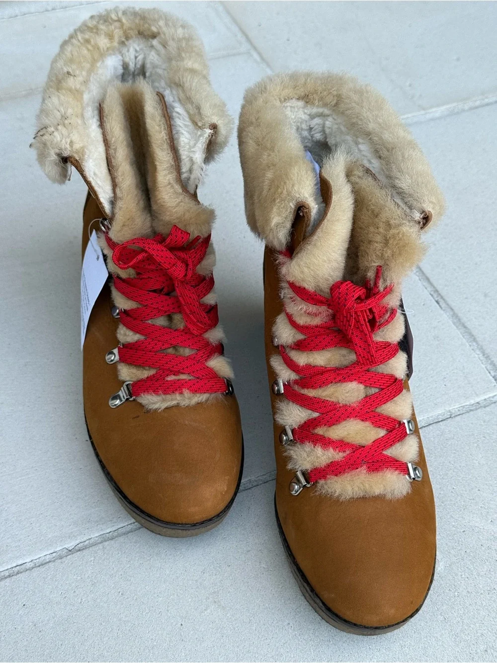 J. Crew Tan Faux-Shearling Lace-Up Ankle Boots with Red Laces